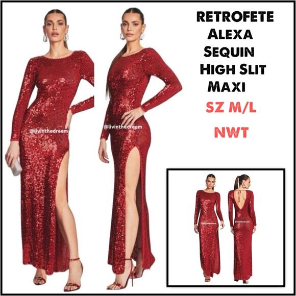 RETROFETE ALEXA SEQUIN HIGH SLIT BODY-CON SEXY RED CROCHET DRESS M/L $775 - Picture 1 of 13